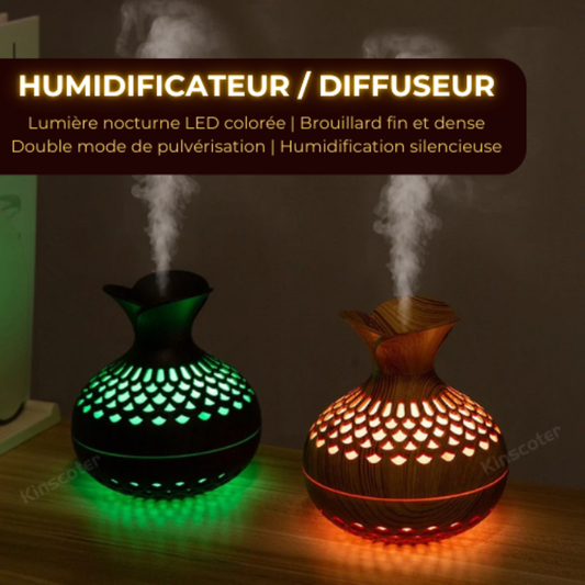 Humidificateur Design Bois 300ml - USB et Diffuseur d'Arômes.