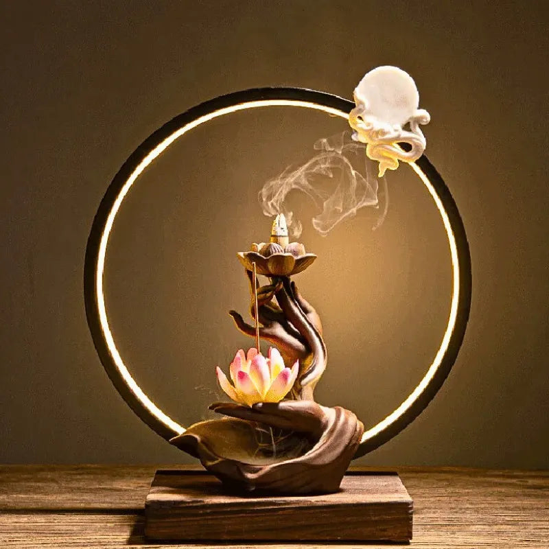 Brûle-encens, cercle de lumière LED, terre cuite artisanale création artistique et  raffinée, fleur de lotus pétale rose 