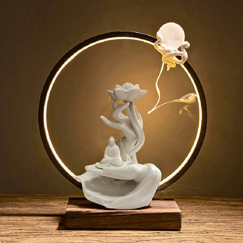 Brûle-encens, cercle de lumière LED, céramique blanche, Bouddha et fleur de lotus dans la main