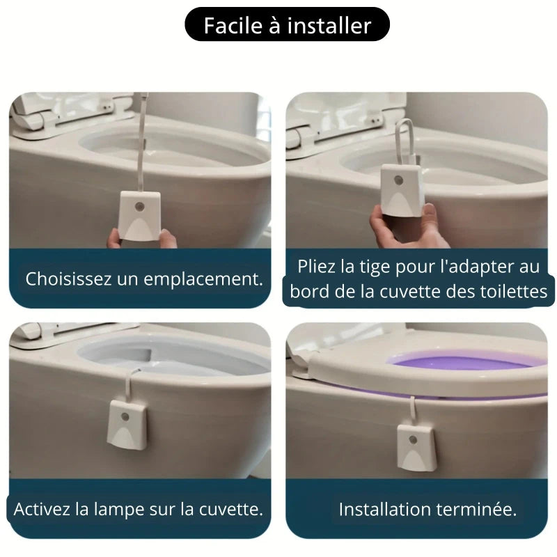 Instructions d'installation : Choix de l'emplacement, ajustement de la tige, fixation sur la cuvette, installation terminée, éclairage activé.