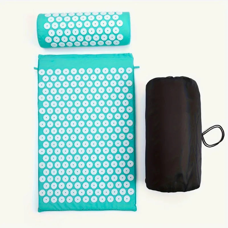 Tapis d'acupression turquoise avec oreiller et sac de rangement, idéal pour soulager le mal de dos 